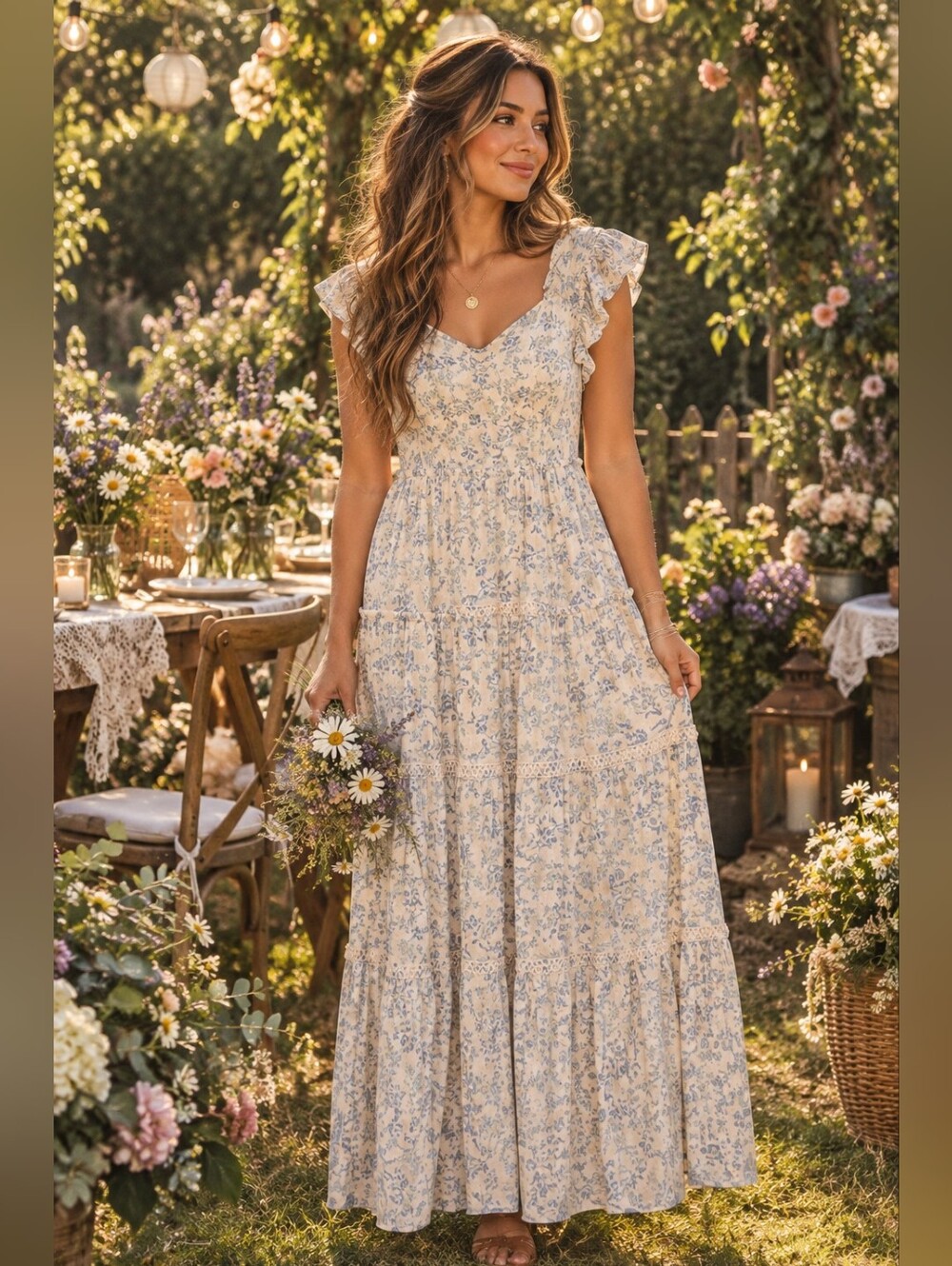 Lucky Brand Blue Floral Maxi Dress on Cream
